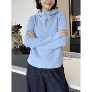 设计感重工口袋双面德绒半拉链连帽卫衣女时尚显瘦保暖长袖上衣潮