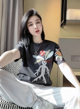 2025春夏新款重工刺绣人娃娃圆领短袖T恤女欧货宽松百搭显瘦上衣