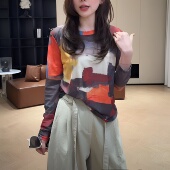 百搭显瘦打底衫 复古扎染印花薄款 时尚 T恤女2026春夏新款 网纱长袖