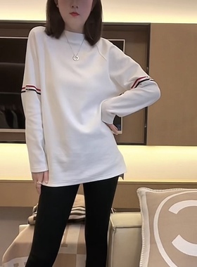 欧货拼色织带中长款T恤女2025秋冬新款宽松百搭显瘦下摆开叉体恤