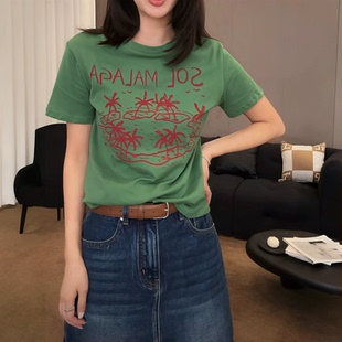 椰子树字母印花短袖T恤女2026夏季新款设计感夏日休闲百搭上衣ins