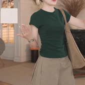 圆领修身 简约纯色短袖 显瘦上衣 休闲时尚 基础款 T恤女2026夏季 新款