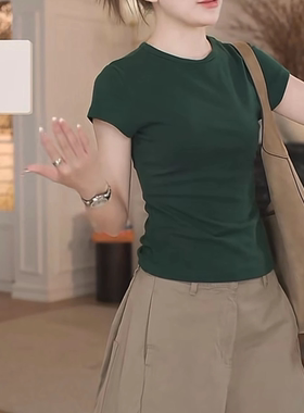 简约纯色短袖T恤女2025夏季新款休闲时尚基础款圆领修身显瘦上衣