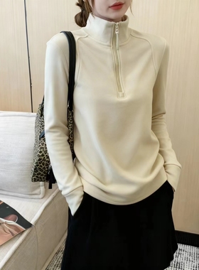 纯色双面德绒半拉链立领长袖打底衫女2025秋冬新款百搭显瘦T恤潮