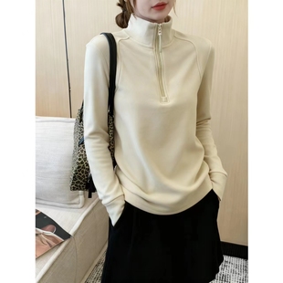 百搭显瘦T恤潮 女2025秋冬新款 纯色双面德绒半拉链立领长袖 打底衫