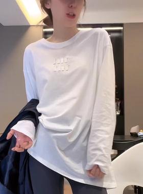 潮牌字母白色中长款长袖T恤女2025秋冬新款百搭显瘦打底衫ins