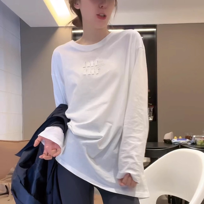 字母白色中长款长袖T恤女