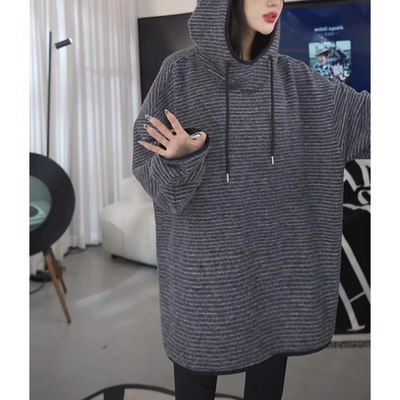 重磅磨毛条纹连帽立领卫衣女2025新款休闲宽松百搭中长款上衣