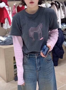 设计感小马印花撞色假两件长袖T恤女2026早春新款百搭显瘦上衣潮