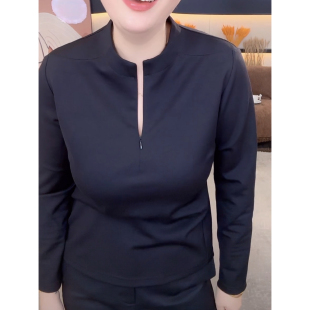 上衣ins 休闲百搭显瘦打底衫 简约纯色半拉链立领长袖 T恤女2026新款