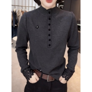 加厚双面绒半高领单排扣蕾丝拼接套头长袖 女设计感百搭休闲上衣潮