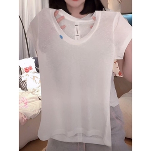 百搭休闲薄款 纯色U领立体字母装 新款 T恤女夏季 天丝上衣 饰正肩短袖