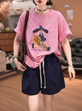 欧货卡通开心女孩印花圆领短袖T恤女2026夏季新款减龄宽松上衣ins