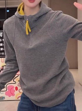 双面绒撞色半拉链连帽打底衫女2025冬季新款韩版保暖发热绒帽衫潮