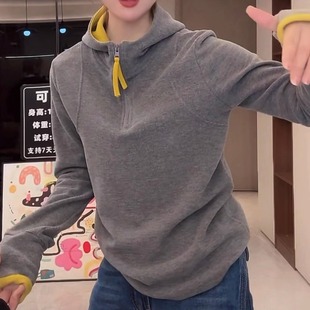 保暖发热绒帽衫 双面绒撞色半拉链连帽打底衫 韩版 新款 潮 女2025冬季