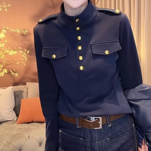 百搭显瘦假口袋打底衫 复古纽扣半高领加厚长袖 T恤女2026春秋新款
