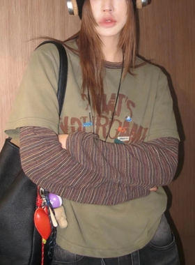 加厚磨毛字母印花条纹拼接假两件长袖T恤女2026早春百搭显瘦上衣