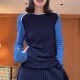 设计感舒适百搭显瘦打底衫 蓝色撞色一字领长袖 T恤女2026早春新款