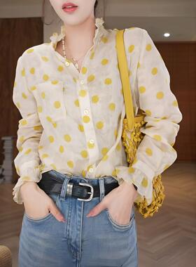 法式高级感蛋奶波点苎麻衬衫女2026早春新款木耳边设计开衫上衣潮