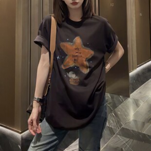 欧货重工星星小象印花钉珠中长款短袖女2026夏季新款宽松百搭T恤