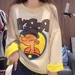 潮牌大力水手卷边撞色卫衣女2025秋季 设计感宽松百搭套头上衣 新款