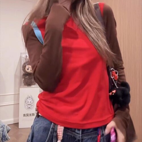 【送运费险】拼色圆领长袖T恤女