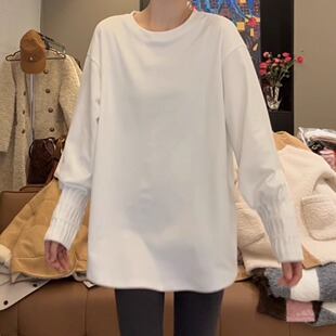 圆领打底上衣女休闲百搭宽松 中长款 双面德绒小众设计感袖 口长袖