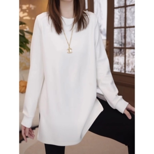 百搭宽松内搭上衣潮 T恤女时尚 慵懒风纯色圆领加厚磨毛中长款 长袖