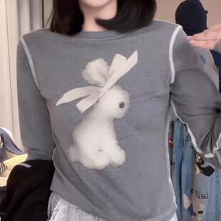 百搭显瘦反缝明线打底衫 卡通蝴蝶兔子印花长袖 T恤女2026春秋新款