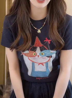 卡通生日帽猫咪印花短袖圆领T恤2025夏季新款时尚百搭上衣减龄ins