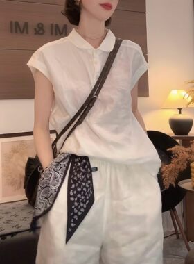 【送运费险】亚麻翻领无袖衬衫女
