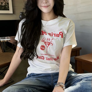 休闲百搭显瘦上衣ins 新款 小众设计鸡尾酒杯字母印花短袖 T恤女夏季