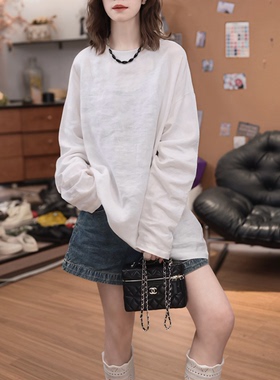 慵懒风棉麻薄款防晒女2026夏新款纯色宽松百搭显瘦中长款长袖T恤