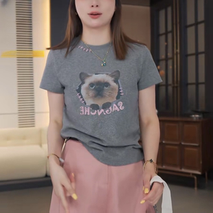 小众设计感猫咪印花圆领短袖 休闲百搭显瘦上衣 T恤女2025夏季 新款