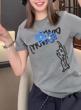 韩系风花朵字母印花短袖T恤女2026夏季新款休闲百搭显瘦圆领上衣