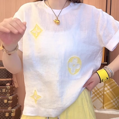 贴布绣亚麻圆领短袖T恤女