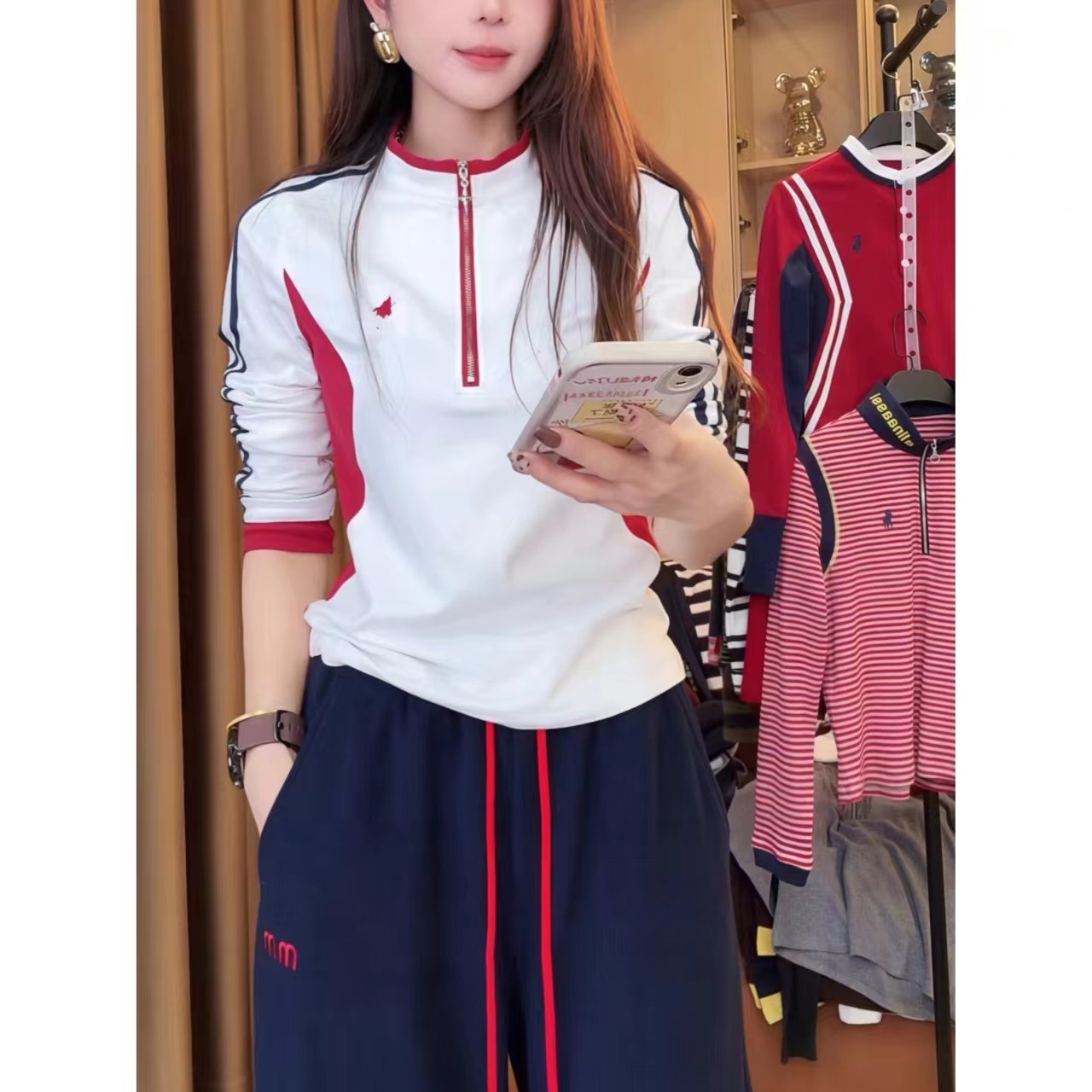 潮牌刺绣撞色半拉链立领长袖T恤女2026早春新款设计感套头上衣ins