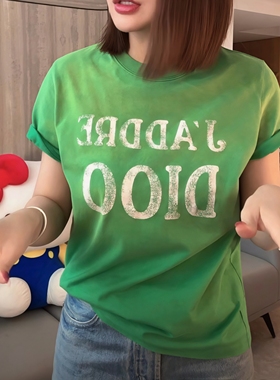潮牌美式字母印花短袖T恤女2026春夏新款绿色百搭显瘦圆领上衣ins