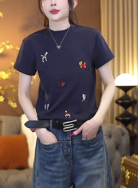 重工球球狗刺绣圆领短袖T恤女2026春夏新款时尚休闲百搭显瘦上衣