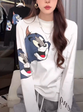 潮牌卡通猫咪印花长袖T恤女秋季新款时尚百搭加厚纯棉大码打底衫