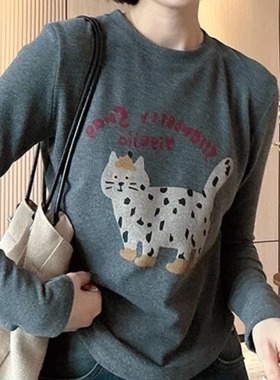 双面绒卡通猫咪印花长袖T恤女2025春秋新款百搭显瘦保暖打底衫潮