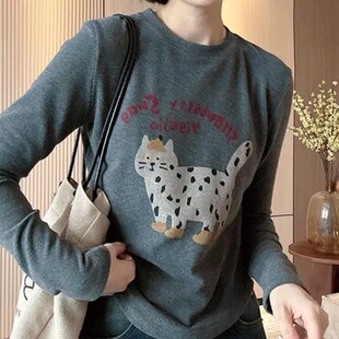 潮 百搭显瘦保暖打底衫 双面绒卡通猫咪印花长袖 T恤女2026春秋新款