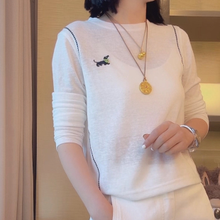 T恤女2025早秋新款 长袖 百搭休闲显瘦通勤上衣ins 小狗刺绣薄款 时尚
