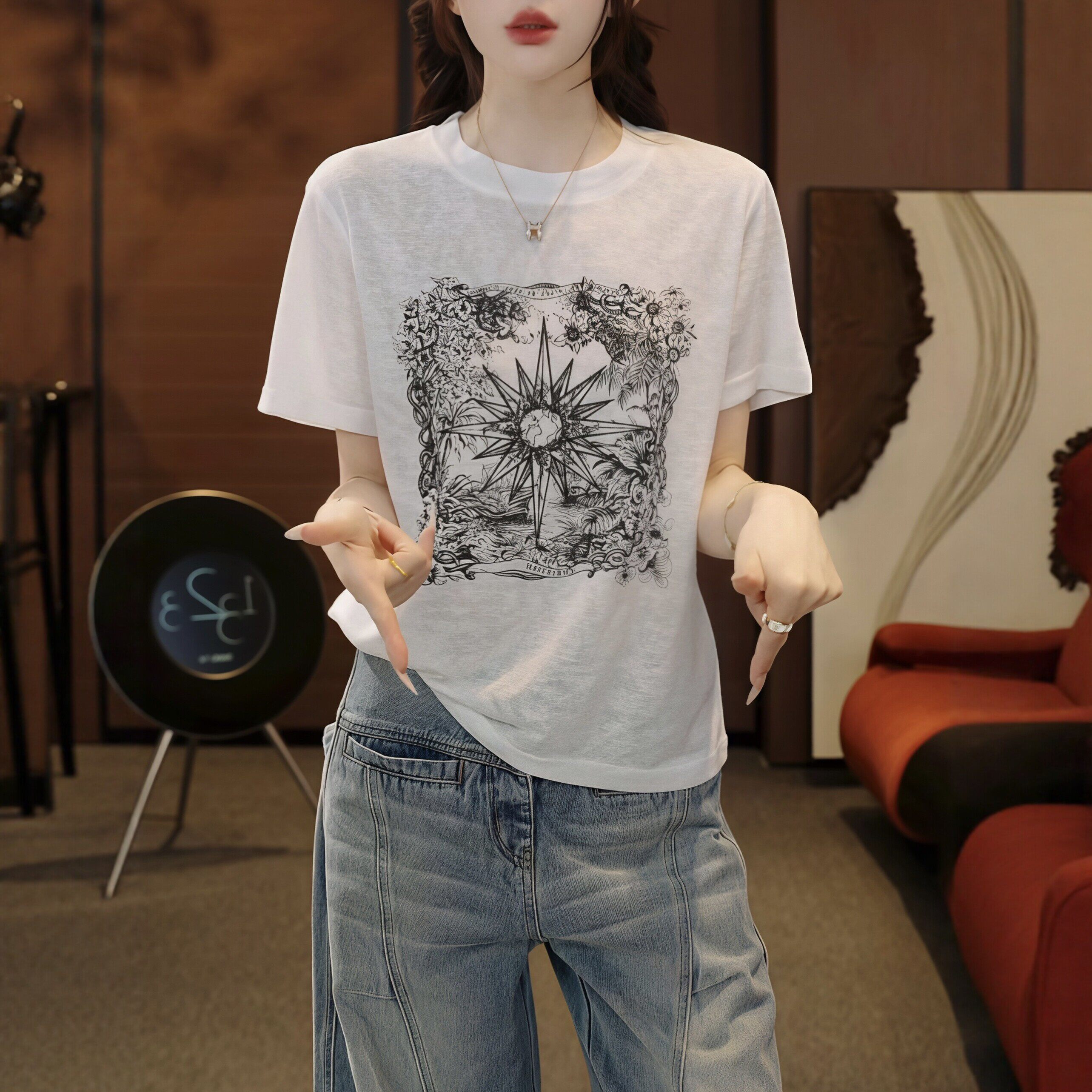 设计感潮牌星芒印花凉感短袖T恤女2026夏季新款休闲百搭显瘦上衣