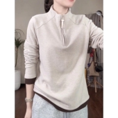 时尚 设计感拼接撞色半拉链双面德绒长袖 T恤女2026春新款 显瘦上衣