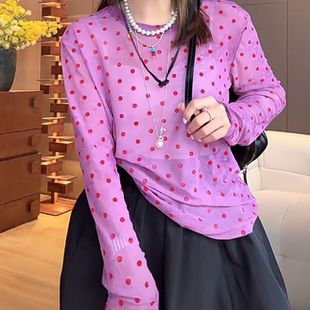 时尚 潮牌植绒波点印花圆领长袖 新款 薄款 百搭休闲上衣ins T恤女夏季
