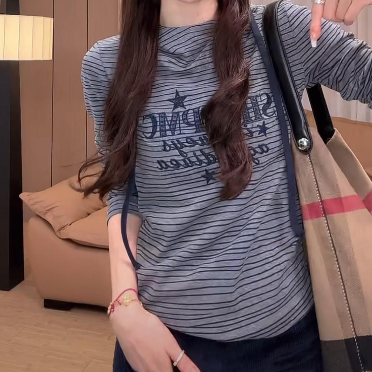 设计感条纹连帽卫衣女2025春秋新款字母刺绣休闲百搭显瘦上衣ins