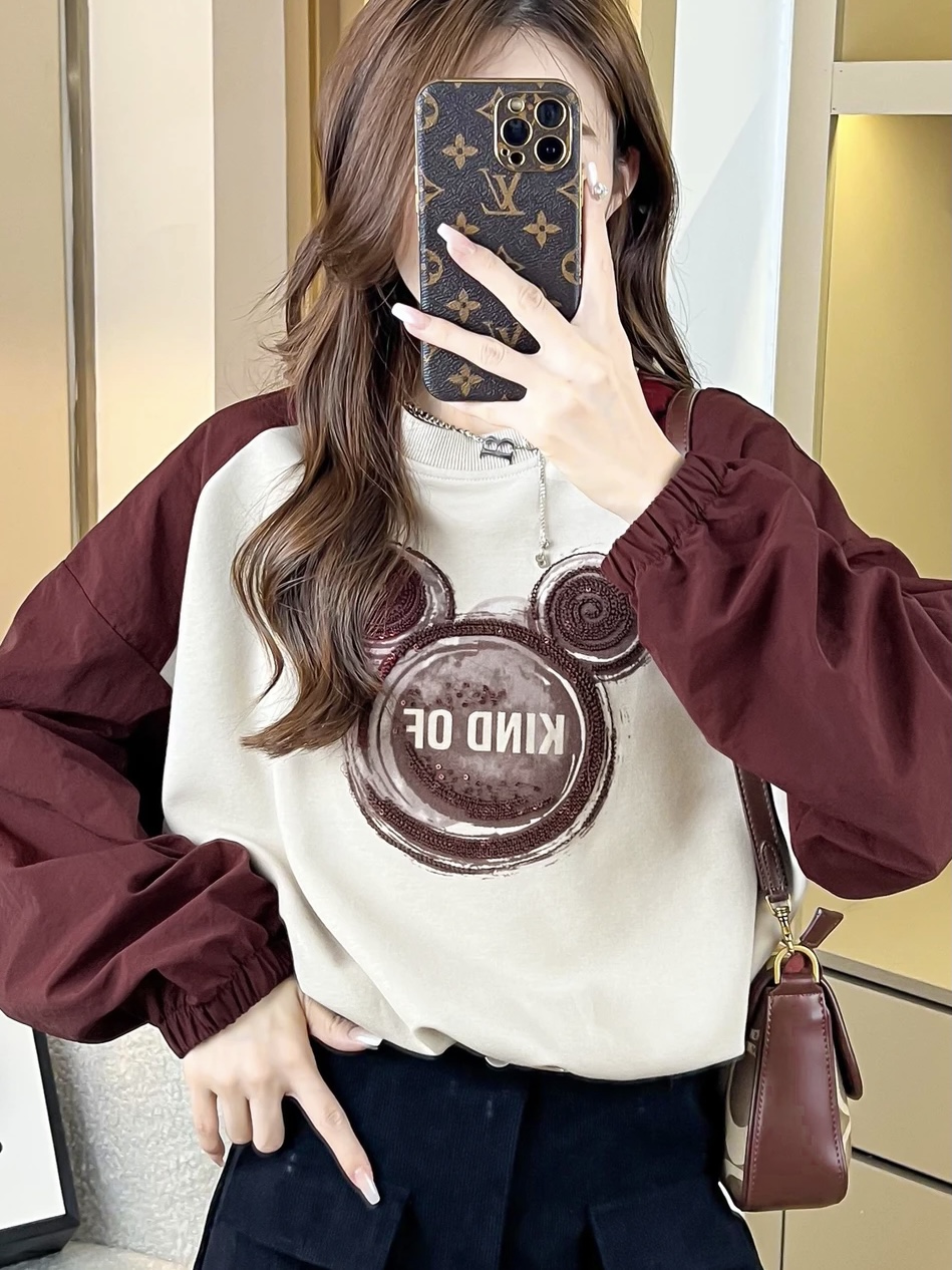 网红卫衣女2023秋冬新款小众设计感卡通印花宽松百搭插肩袖上衣潮