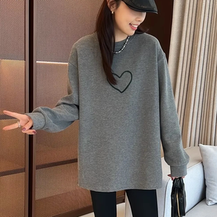 爱心刺绣加绒套头卫衣女2026春秋新款简约时尚百搭显瘦中长款上衣