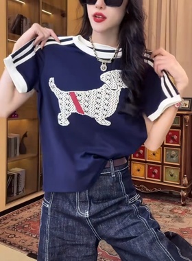 小狗植绒印花短袖T恤女2025夏季新款小众设计感宽松百搭上衣潮